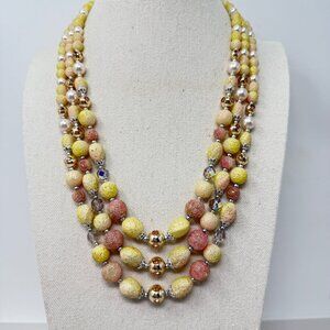 Vintage Yellow Lava Stone Necklace Shiny Gold-Tone Beads Multi-Strand Japan Mark